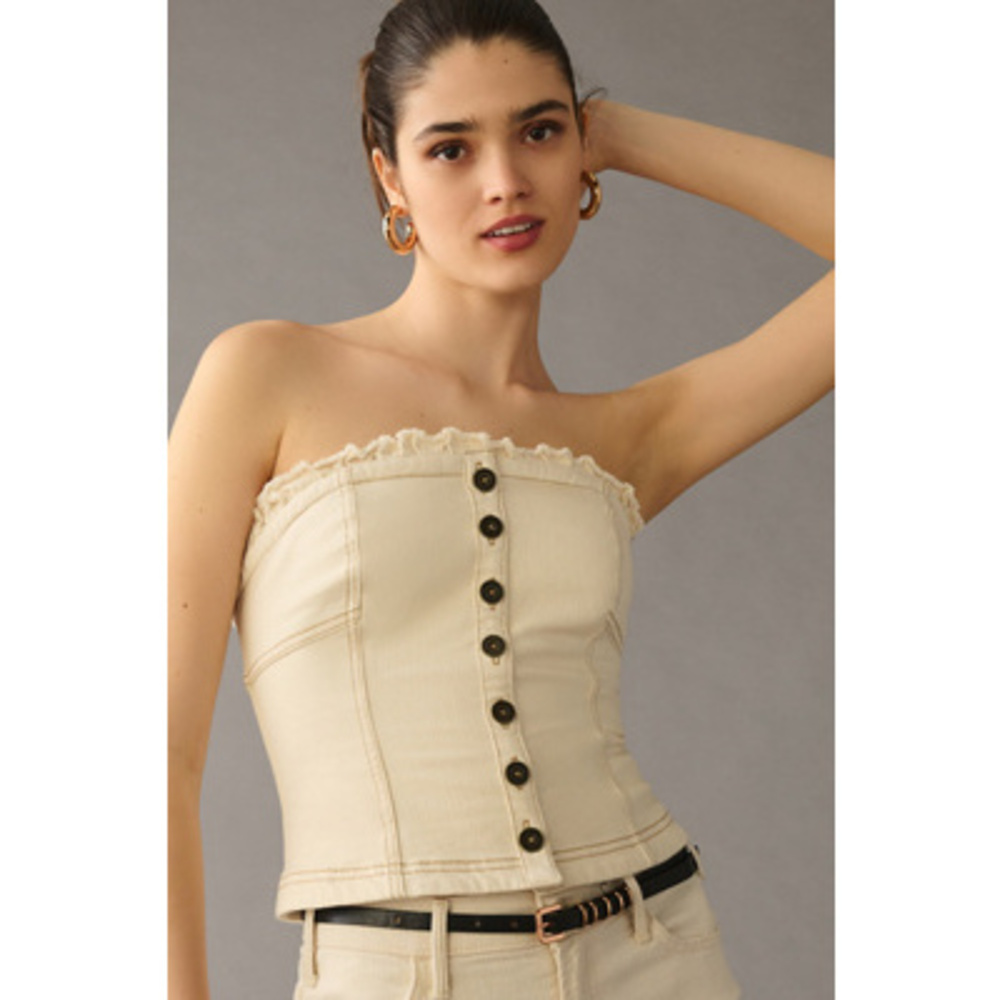 Anthropologie Pilcro Denim Corset Top Strapless Button Down Cream Ecru Ruffle S